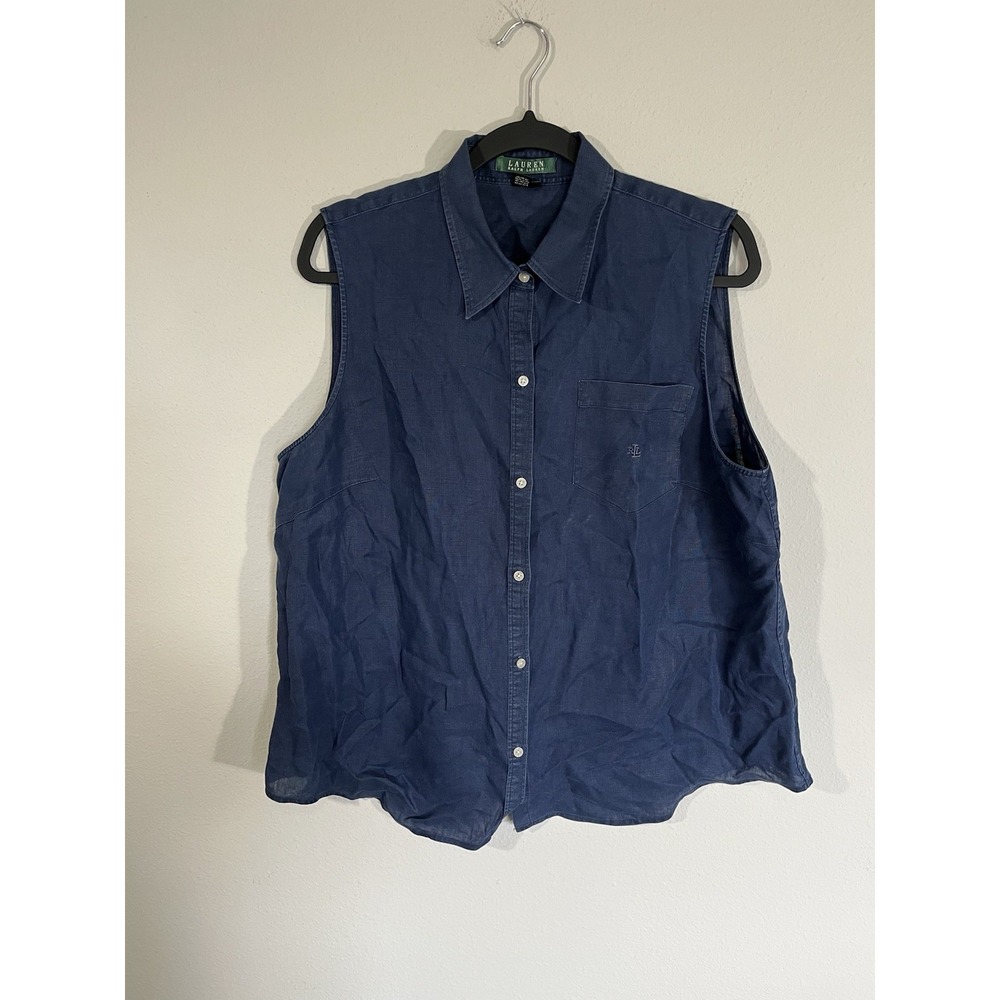 Ralph Lauren Sleeveless Button Up Shirt Size XL 100% Linen Navy Logo Coastal